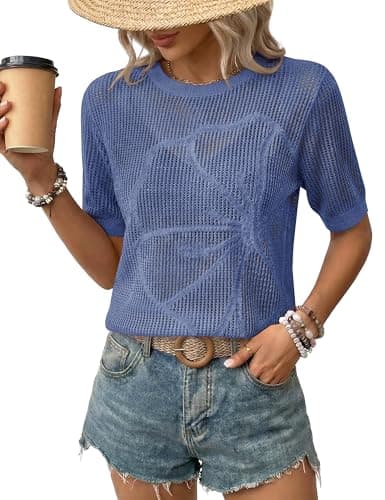 LaGracia Womens Short Sleeve Crochet Sweater Summer Crochet Tops Lightweight Hollow Out Crewneck Pullover Beach Coverup Blue L - Image 1