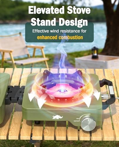 2 Propane Burners Camping Stove, 30,000 BTU Folding Camp Stove with Windproof Grates and Frying Pan, Portable Camping Stoves with Carrying Bag, Camping Essentials for Tailgating/Grilling/Coffee, Green - Thumbnail 4