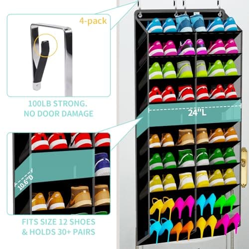 Heavy-Duty, over the door shoe organizer, Extra-Wide Large, shoe organizer, Holds 30 Pairs & Supports 100lbs, shoe rack, with Reinforced Grommets & Bamboo Rods, Fits Men's Size 12 & Boots, Black - Thumbnail 2