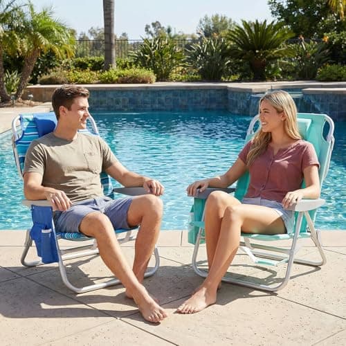 SUNNYFEEL Low Beach Chair, 5-Position Lay Flat Reclining, Backpack Portable Folding Chair with Cooler Bag & Cup Holder, Heavy Duty 350 LBS, Compact for Beach, Camping, Travel - Thumbnail 2