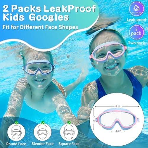 AzureWings 2 Pack Swim Goggles for Kids, No Leak Anti-Fog Anti-UV Swimming Goggles for Boys Girls Children 4-14 (Dark Blue & Pink Blue) - Thumbnail 6
