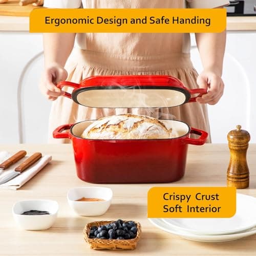 Velaze 3.6QT Dutch Oven for Bread Baking,Oval Cast Iron Enameled Bread Oven Pan with Lid and Offset Handles,Oven Safe to 500°F for Homemade Sourdough Bread(Red) - Thumbnail 6
