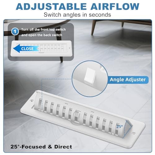White Floor Register 2x10 with Vent Deflector, 2 in 1 Adjustable Floor Vent Covers, Floor Vent Deflectors Include Mounting Screws for Floor & Wall for Easy Install, Toe Kick Register Grille, 2 Pack - Thumbnail 5