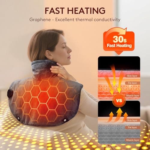 Far Infrared Heating Pad for Neck and Shoulders and Back - 6X Deeper Pain Relief, Graphene 30s Fast Heat, 8 Heat Setting, 16 Timer, Automatic Memory, Weighted Heating Pads Gift for Women&Men (Grey) - Thumbnail 3