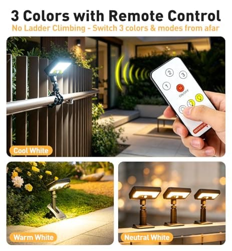 2 Pack Clip On Solar Lights Outdoor with Octopus Tripod, 3 Color Temps & Remote Control, Motion Sensor Fence Lights Solar Powered, IP65 Waterproof Security Light for Outside, Deck, Gutter, Camping - Thumbnail 5