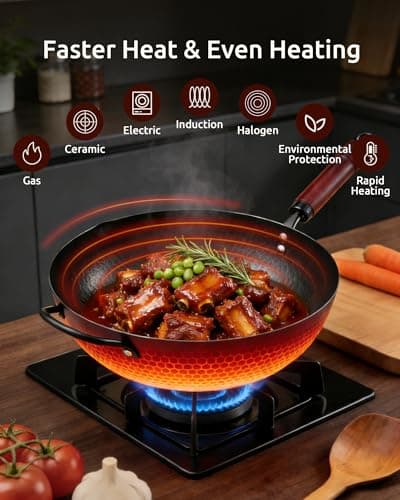 Wok Pan, Carbon Steel Wok, Woks & Stir-Fry Pans Nonstick, 13 Inch Wok Pan with Wooden Lid, Pre-Seasoned Carbon Steel Cookware, 5.8QT Flat Bottom Chinese Wok Paella Pan, Compatible with All Cooktops - Thumbnail 4