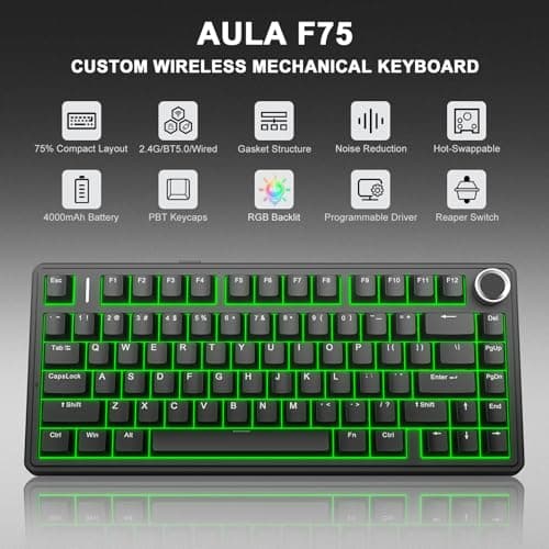AULA F75 - 75% Wireless Mechanical Keyboard,Hot Swappable Custom Gaming Keyboard with Knob,BT5.0/2.4GHz/USB-C,RGB Backlit,Pre-lubed Switches,Double Shot PBT Keycaps,Creamy Mechanical Gaming Keyboards - Thumbnail 2