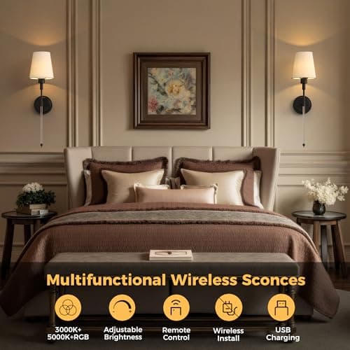 DORESshop Battery Operated Wall Sconce Set of 2, Wall Light Wireless Easy to Install, Dimmable and Adjustable Sconce Wall Decor, Rechargeable Wall Lamp for Bedroom, Living Room, Black and Glass 24.6in - Thumbnail 3