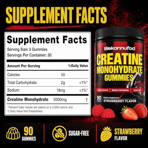 Wekannufod NSF/ANSI 173 Certified Creatine Monohydrate Gummies, 5000mg Creatine per Serving, Sugar-Free Creatine Gummies for Men & Women, Vegan, Gluten-Free, Non-GMO, Strawberry Flavor, 90 Count - Thumbnail 3