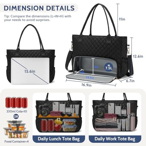 AHHZOOPLL 2-in-1 Lunch & Laptop Tote Bag for Women, 15.6" Lightweight Quilted Work Bag with Insulated Compartment, Water-Resistant Professional Commuter Bag for Office, Teacher, Nurse, Travel - Black - Thumbnail 3