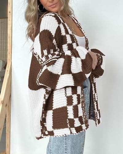 BTFBM Casual Cardigan Sweater for Women Fall 2026 Long Sleeve Open Front Chunky Knit Sweaters Checkered Outwear Coat(Brown,Large) - Thumbnail 5