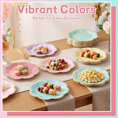 NatNarr 60 Pcs Pastel Paper Plates, 7 Inch Pastel Plates with Gold Edge Scalloped Party Plate Disposable Easter Dessert Plate for Wedding Birthday Baby Shower Bridal Party Supplies - Thumbnail 4