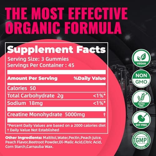 Natures Aid NSF Certified Creatine Gummy 5g - Creatine Monohydrate Gummies – Pre-Workout Energy & Muscle Growth Support for Men & Women | Peach Electrolyte Gummies (135 Count) - Thumbnail 3