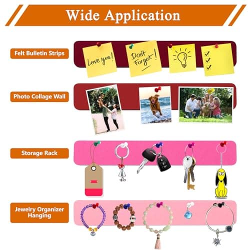 HULAVO 8Pcs Rectangle Felt Cork Board Bar Strips with 35 Pushpins, Self-Adhesive Bulletin Board Strips for Office School Home Wall Decor Stickers Memos Schedules Photos Display -Gradual Red - Thumbnail 3