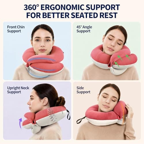 BUYUE Travel Neck Pillows for Airplanes, 360° Head Support Sleep for Long Flight, Skin-Friendly & Breathable, Kit with 3D Contoured Eye Mask, Earplugs and Storage Bag (Adult, Pink, 90+ lbs) - Thumbnail 2