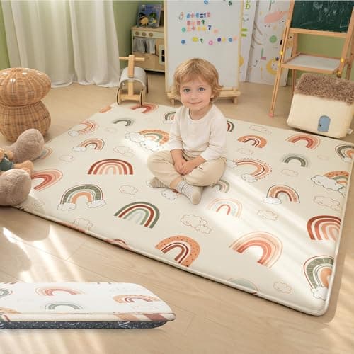 PaPaMat 1.5" Thick 71x59 Baby Play Mat Large Memory Foam Mats for Tummy Time Non-Slip Water-Resistant Crawling Playmat for Nursery Playroom Classroom, Rainbow - Image 1