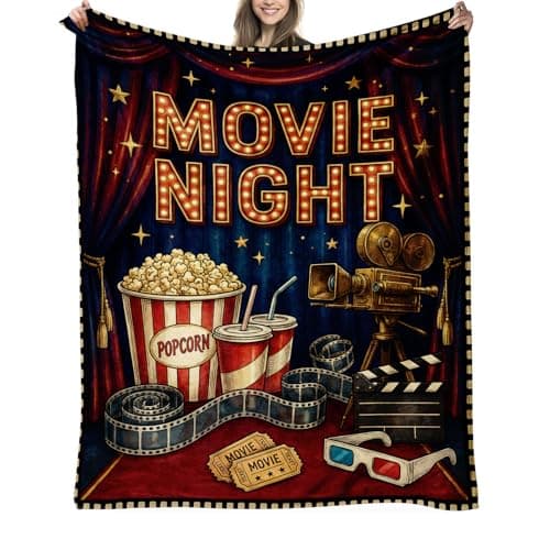 QIJINYUFA Movie Night Throw Blanket, Cinema Theme Decorative Multi-Use Fleece Blankets for Movie Lovers Birthday, Popcorn Film Reel Pattern Home Theater Decor for Couch Bed Sofa Nap 50"x60"