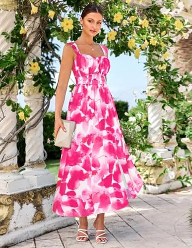 GRACE KARIN Summer Floral Dress for Women 2026,Off the Shoulder Smocked Bridesmaid Dresses,Formal Baby Shower Maxi Dresses Pink Watercolour S - Thumbnail 3