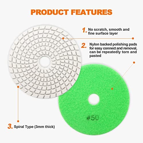 Wet Diamond Polishing Pad Set,BRSCHNITT 6pcs 4 inch #50 for Stone Marble Quartz Granite Sanding Disc Polisher Pads Kit Tools for Wet Grinder Polisher,Countertop Polish,Grinder - Thumbnail 3