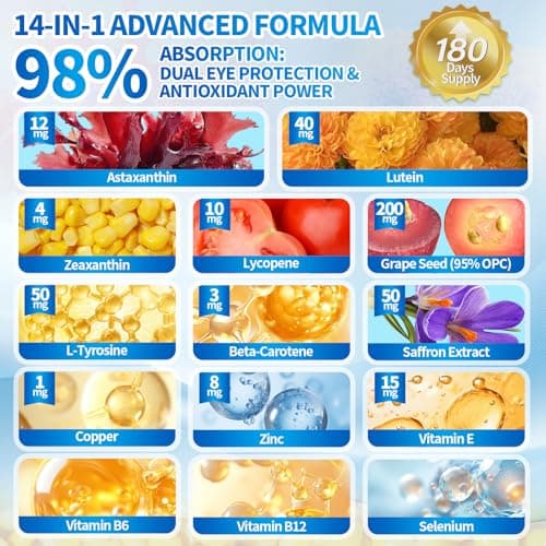 14-in-1 Astaxanthin 12mg & Lutein 40mg with Zeaxanthin Supplements, 6 Month Supply, Fresh Microalgae Source, Supports Eye, Skin, Antioxidant, Joint, Circulatory Health Non-GMO Gluten Free 180 Softgels - Thumbnail 3