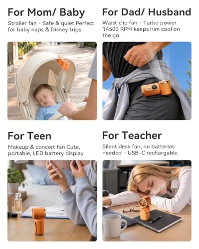 Mini Clip on Fan Handheld, 3000mAh Rechargeable Portable Fan with LED Display, 3-in-1 Personal Cooling Fan, 5 Speeds Quiet USB C Fan for Stroller Desk Travel Camping Office for Women Men Kids, Orange - Thumbnail 3