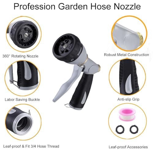 Garden Hose Nozzle Heavy Duty,100% Metal High Pressure Water Hose Sprayer Nozzle with 8 Adjustable Spray Patterns, Non-Slip Grip Hose Sprayer Outdoor for Watering Plants & Lawns, Washing Cars & Pets - Thumbnail 4