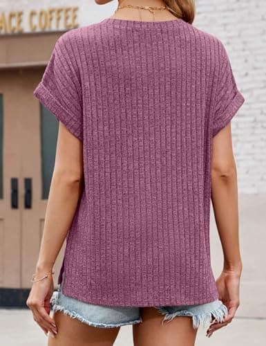 JUSTFASHIONNOW Summer Tops for Women 2026 V Neck Short Sleeve Mother's Day Shirts Trendy Basic Tees Dressy Casual Outfits Fuchsia L - Thumbnail 5