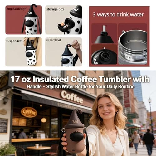 Insulated Water Bottle, 100% Leak-proof Travel Mug | w/baldric & Straw|Silicone Sleeve for Durability | 316 stainless steel cup body | 3-In-1 Lid | Reusable Coffee Travel Mug. (Spotted) - Thumbnail 2