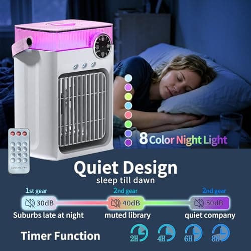 YFFU Portable Air Conditioner with Remote Control,1200ml Evaporative USB Mini Air Cooler Conditioner RGB 8 LEDs, 3 Speed 3 Spray Mode,2-8H Timer Small Portable Ac Unit for Home Bedroom,Pearl White - Thumbnail 6