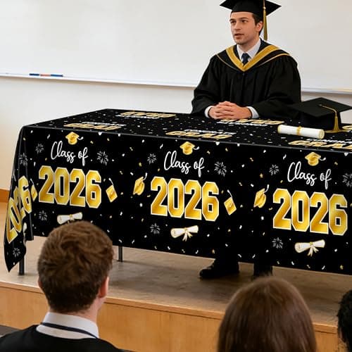 QZYL 4 Pack Graduation Decorations, 54" x 108" Black and Gold Rectangle Graduation Table Cloths, Plastic Tablecloth for College Congrats Grad, Disposable Grad Party Decorations for Class of 2026 - Thumbnail 4