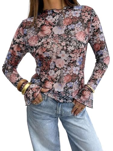 Tankaneo Womens Mesh Polka Dot Tops Bell Sleeve High Neck Summer Casual Blouse Trendy Loose Fit Y2K Going Out Tee Shirts Flower - Image 1