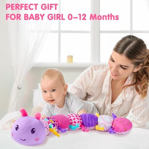 Baby Infant Musical Stuffed Animal Soft Toy with Multi-Sensory Crinkle, Rattle & Textures,Baby Girl Toy Birthday Gift for 0 3 6 9 12 Months+,Caterpillar,Purple - Thumbnail 6