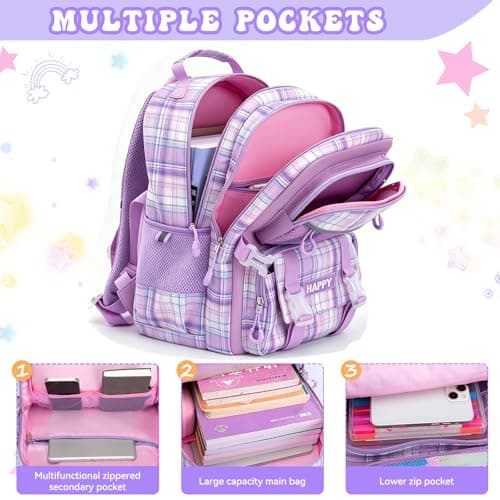 HZWLFA Backpack for Girls,Cute Plaid Backpack,Preppy Bookbag for Elementary & Middle School Students,Large Capacity School Bag,17 Inch,Purple - Thumbnail 3