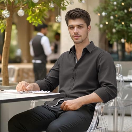 Men's Shirt Casual Stylish Long Sleeve Untucked Button Down Shirt Winter Spring Mens Dress Shirts Dark Gray - Thumbnail 4