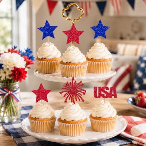 Oeyliz 4th of July Cupcake Toppers Independence Day Cupcake Toppers Patriotic Cupcake Topper 24Pcs Glitter Memorial Day Cupcake Picks Independence Day Cake Decorations for 4th of July Party Supplies - Thumbnail 3