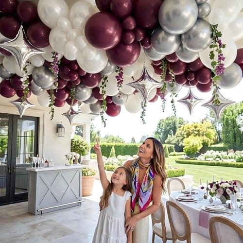 Double Stuffed Burgundy, Pearl White, Silver Balloon Arch Garland Kit - Thumbnail 2