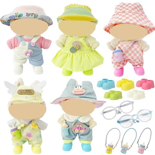 Ezcora Macaron Style Doll Clothes Set for 17cm Dolls, Include 5 Outfits with Hats, Shoes, Glasses and Mini Bags, Cute Dress Up Outfit for Doll Display, (No Dolls) (Macaron Style)