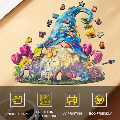 Wooden Puzzle for Adults, Dreamy Gnome Wooden Jigsaw Puzzle 300 Piece, Unique Shape Wooden Puzzles Adults, Challenging Spring Garden Flower Gnome Puzzles for Family Game Night Wall Art Decor 15*14.5in - Thumbnail 4