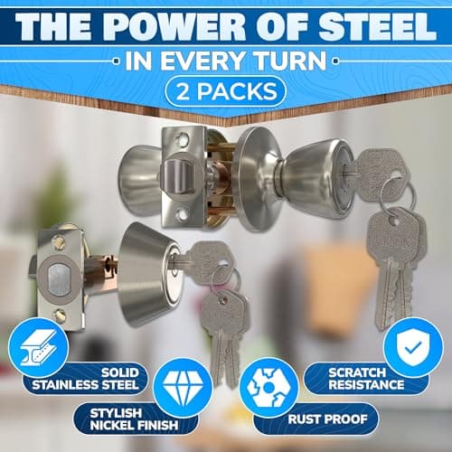 Set of 2 Mobile Home Door Knobs – Includes Keyed Entry Lock & Interior Knob, Rust-Proof 304 Stainless Steel, Copper & Iron Alloy, Mobile Home Exterior Door Knobs – Smooth-Turn Lock & Easy Installation - Thumbnail 3