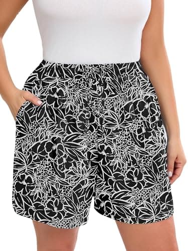 AusLook Plus Size Women's Casual Wide Leg Shorts 4X White Flower Black Lightweight High Waisted Adjustable Tie Knot Loose Summer Baggy Short Pants with Pockets - Image 1