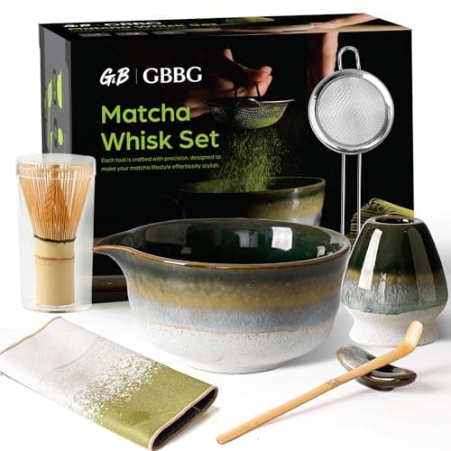 GBBG Matcha Whisk Set, Ceramic Matcha Kit Desert Style, Matcha Whisk and Bowl, Bamboo Scoop and Rest, Sifter and Tea Towel, 7 Pcs Gifts for Matcha Lover - Dark Green