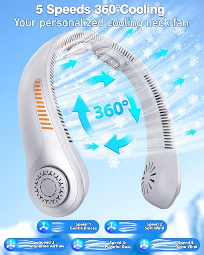 EYERZ Portable Neck Fan - Rechargeable Personal Fan with Neck Support, 5-Speed Quiet Lightweight Long Lasting Neck Fan, Fathers Day, Mothers Day Gifts, Full Surround Cooling for Travel, Hot Flashes - Thumbnail 4