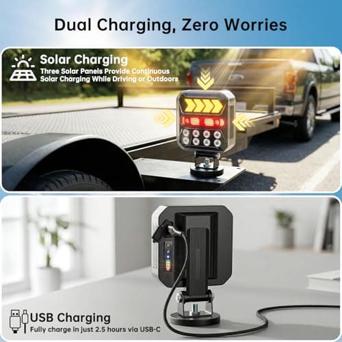 Solar Wireless Trailer Lights – Turn/Brake/Run/Stop/Alert Modes, IPX6 Waterproof, Magnetic LED with Reflectors & USB-C Fast Charging, Rechargeable Kit for Trucks, Boats, RV, Campers - Thumbnail 3