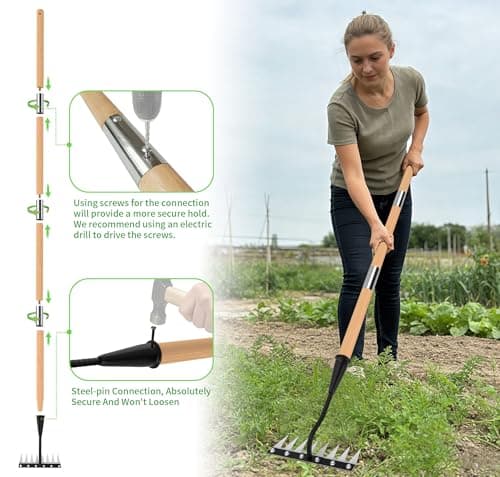 ATLRGISL Iron Weed Rake with Wooden Long Handle, 8 Teeth Weed Puller Tool Heavy Duty, Manual Gardenia Weeding Rake Tool for Yard, Lawn and Garden, 71Inch - Thumbnail 3
