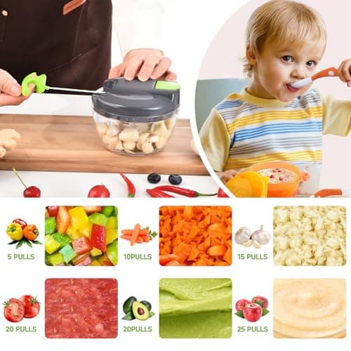 Ziweaye Manual Food Processor Vegetable Chopper, Portable Hand Pull String Garlic Mincer Onion Cutter for Veggies, Ginger, Fruits, Nuts, Herbs, etc., 500ml,（Gray-green） - Thumbnail 3