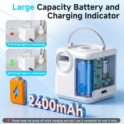 Portable Mini Air Pump for Inflatables, 4.5 kPa 2400mAh Air Mattress Pump Electric with Camping Light and 5 Nozzles, USB Rechargeable Quick Inflate Deflate for Pool Floats Camping Beach Travel - Thumbnail 3