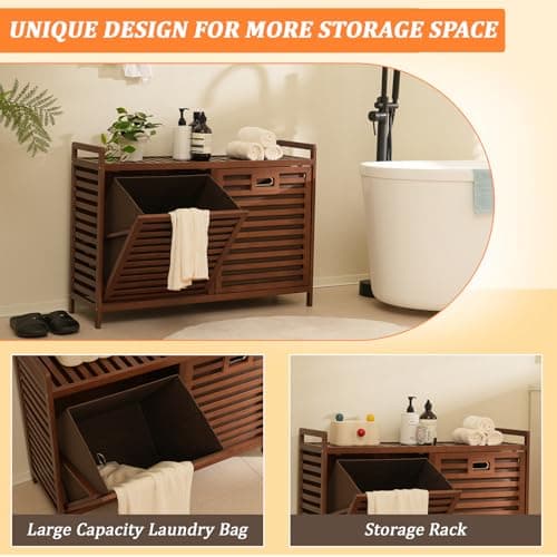 Baveke Bamboo Tilt Out Laundry Hamper with Shelves, Hidden Laundry Hampers with 2 Removable Bags, Pull Out Laundry Hamper Cabinet, Bathroom Storage Shelf for Laundry Room, FSC-Certified, Brown - Thumbnail 5