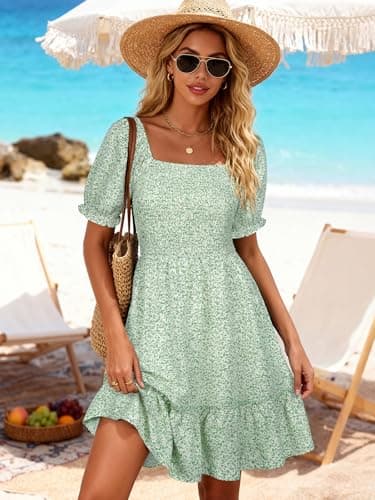 Berydress Womens Summer Dresses 2026 Vacation Square Neck Short Sleeve Sundress Flowy Bohemian Floral Smocked Dress with Pockets(M,6295-Green Flo) - Thumbnail 4