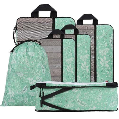 U+U 6 Set Compression Packing Cubes - Ultralight Travel Organizers with Laundry Bag, Space-Saving Suitcase Organizer, Expandable Packing Cubes for Travel, Business Trip and Vacation (Green Paisley) - Image 1