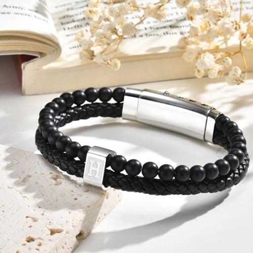 FLHEART Initial Black Leather Bracelet for Men, A-Z Letters Agate Stone Beaded Braided Leather Cuff Bracelets with Initial, Adjustable Wrist Bracelet for Mens Jewelry Gifts,7.5-8.3 Inches - Thumbnail 4